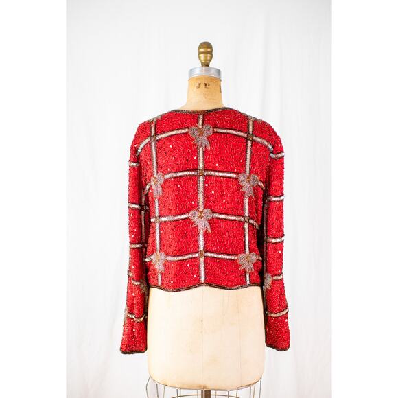 VTG 90s Laurence Kazar Beaded Christmas Blazer Red Silver Holiday Bow Jacket PXL - Picture 4 of 11